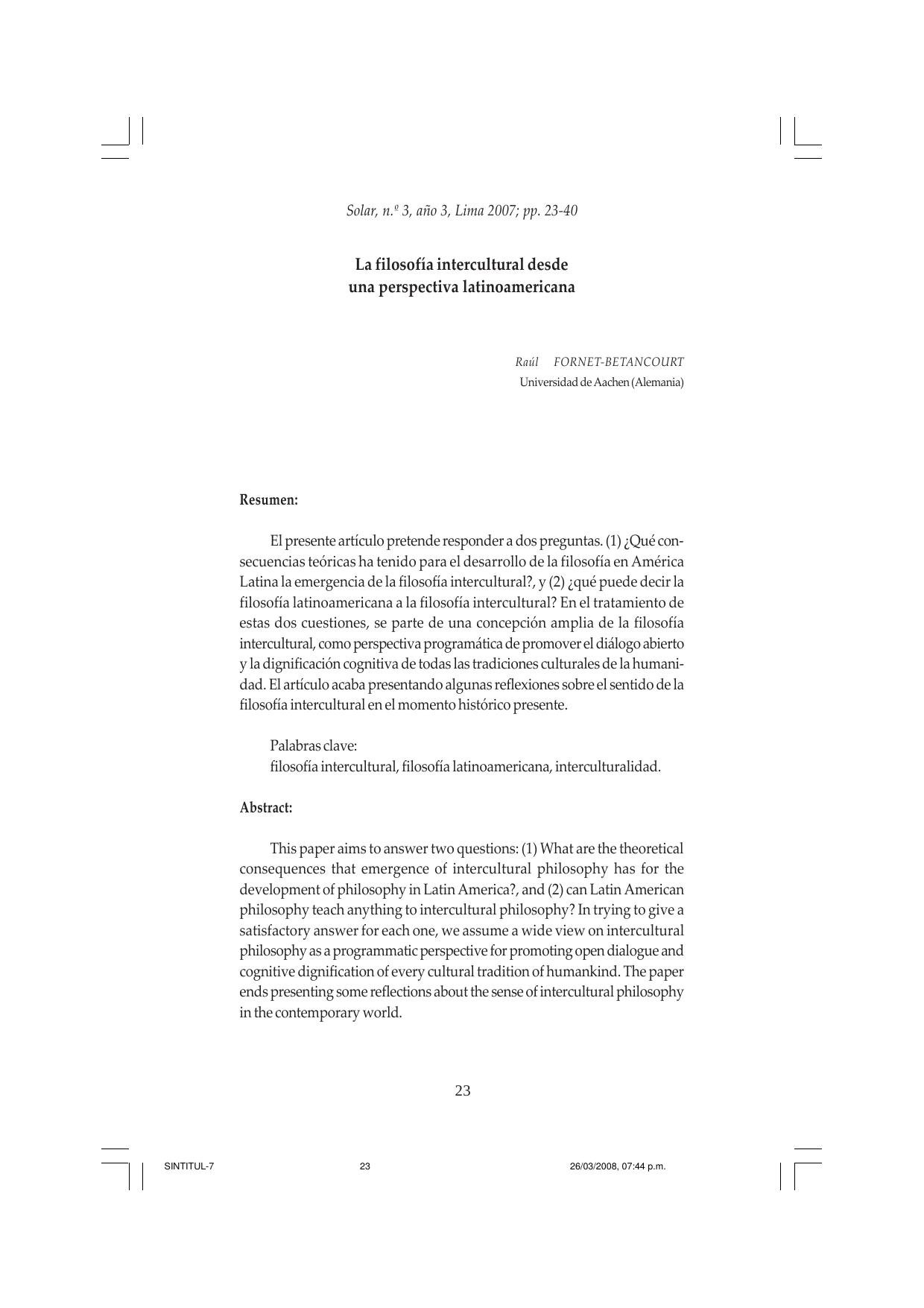 La filosofia intercultural desde una perpectiva latinoamericana